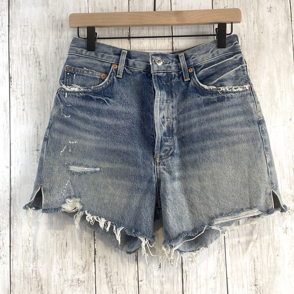 Agolde Distressed Blue Denim Shorts - Picture 1 of 13